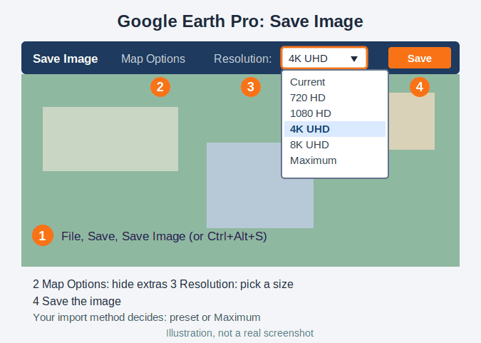 Illustration of the Google Earth Pro Save Image toolbar with the resolution setting for an AutoCAD base map