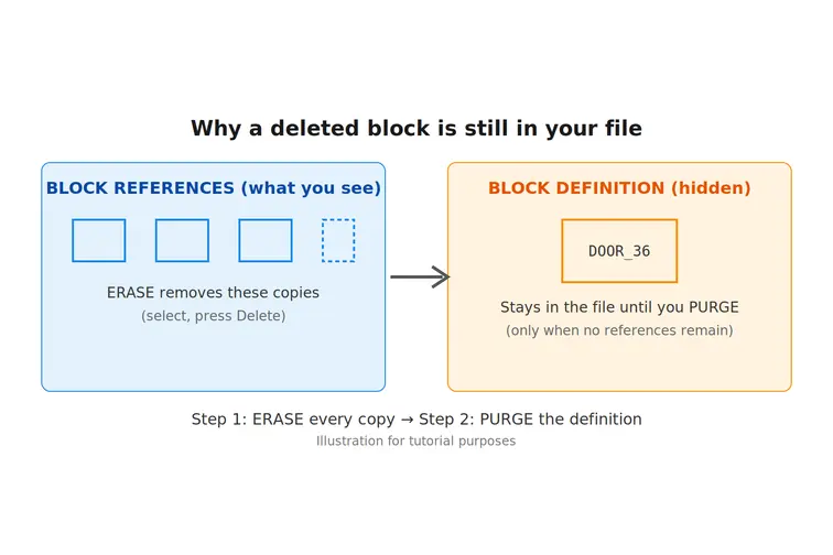 Difference between erasing block references and purging the block definition in AutoCAD