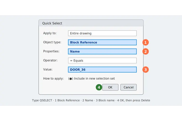 Using Quick Select to delete all copies of a block in AutoCAD