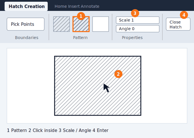 How to insert a hatch pattern in AutoCAD using the Hatch Creation tab, numbered 1 to 4