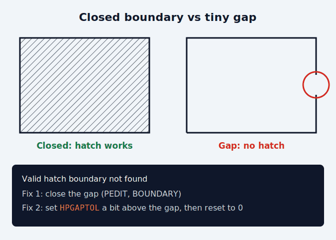 Valid hatch boundary not found in AutoCAD: a closed shape hatches, a shape with a small gap fails