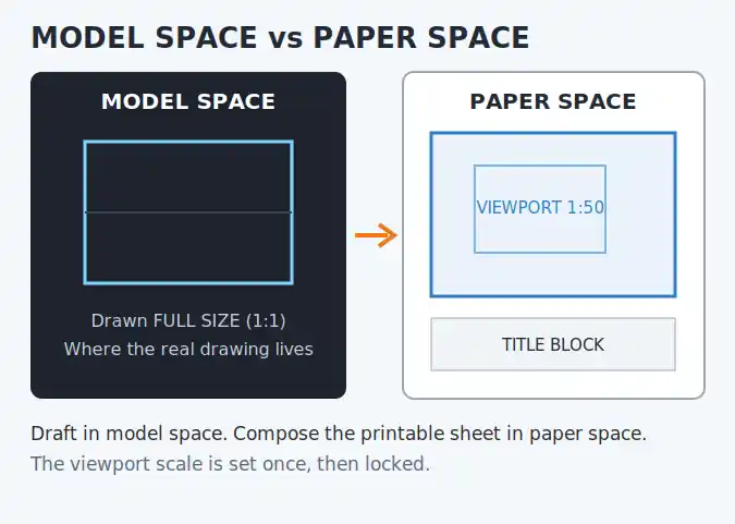 Diagram of model space and paper space with a viewport, for AutoCAD interview questions revision