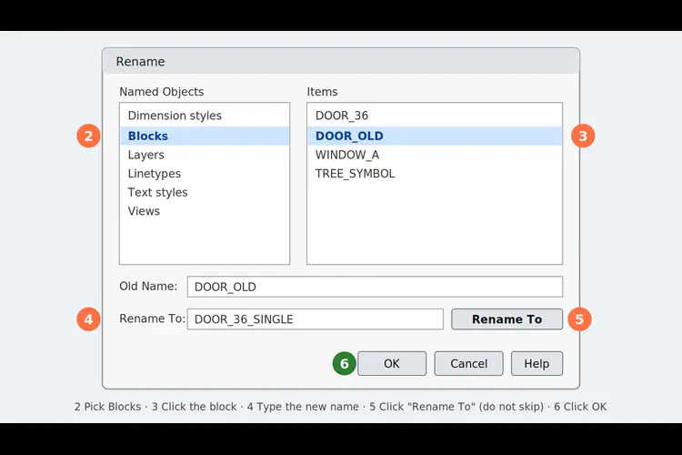 AutoCAD Rename dialog showing how to rename a block step by step