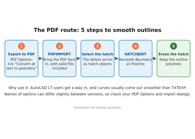 The PDF route in AutoCAD to turn text into polylines using Recreate Boundary